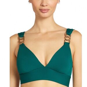 Robin Piccone Jane V Neck Plunge Bikini Top Malachite Green Gold Chain Large
